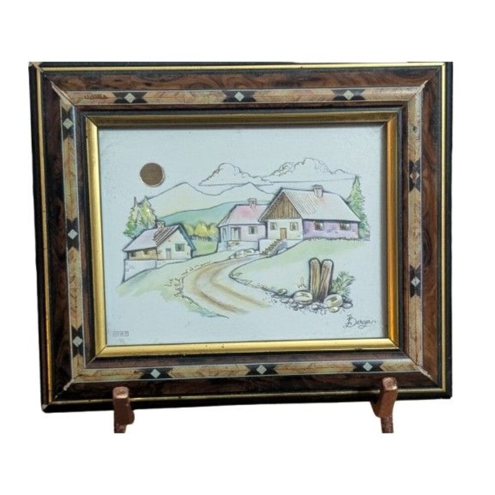 Village Scene Print by Berger Accented with Gold Foil and Framed w/flaws